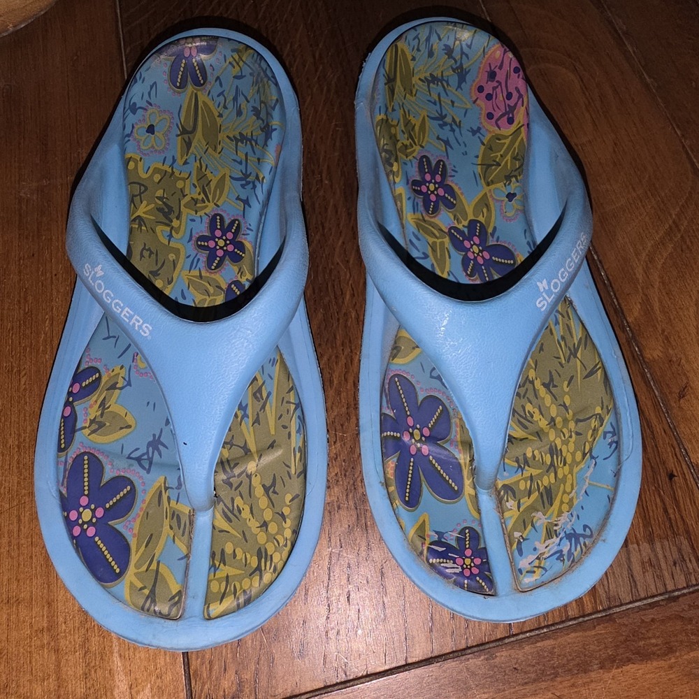 Sloggers Sandals Womens 7 Flip Flop Blue Floral Print Toe-Post Comfort Casual